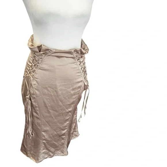 House of CB Sidonie Champagne Gold Lattice Satin Midi Skirt M - Picture 6 of 11